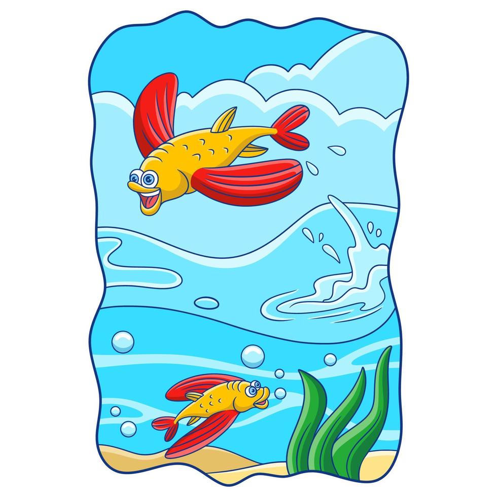 tecknad illustration två fiskar med långa fenor simmar och hoppar i havet vektor