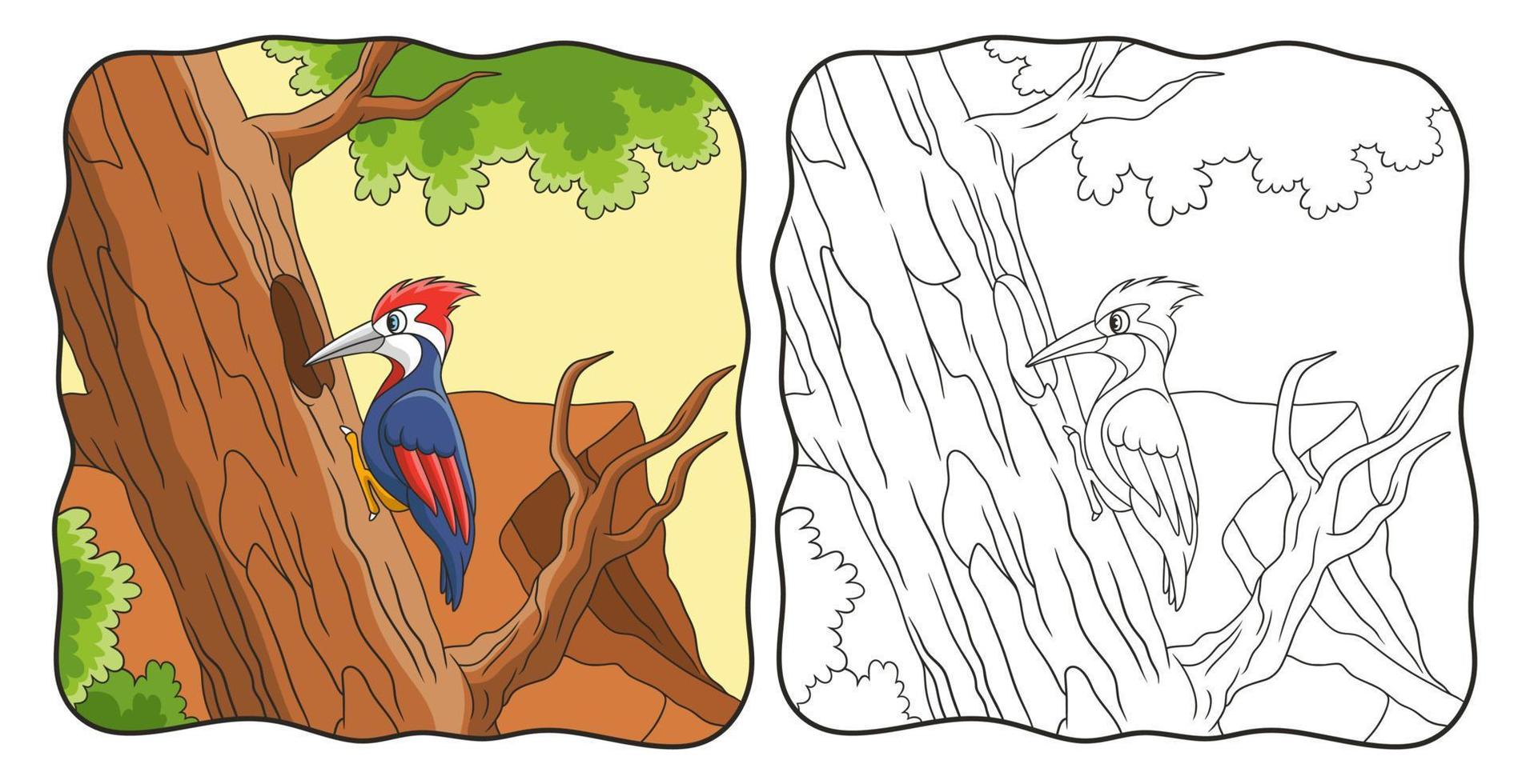 tecknad illustration hackspett pickar en stor trädstam bok eller sida för barn vektor