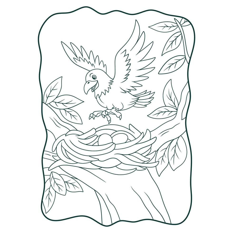 tecknad illustration örnen uppflugen på sitt bo i trädboken eller sidan för barn svart och vitt vektor