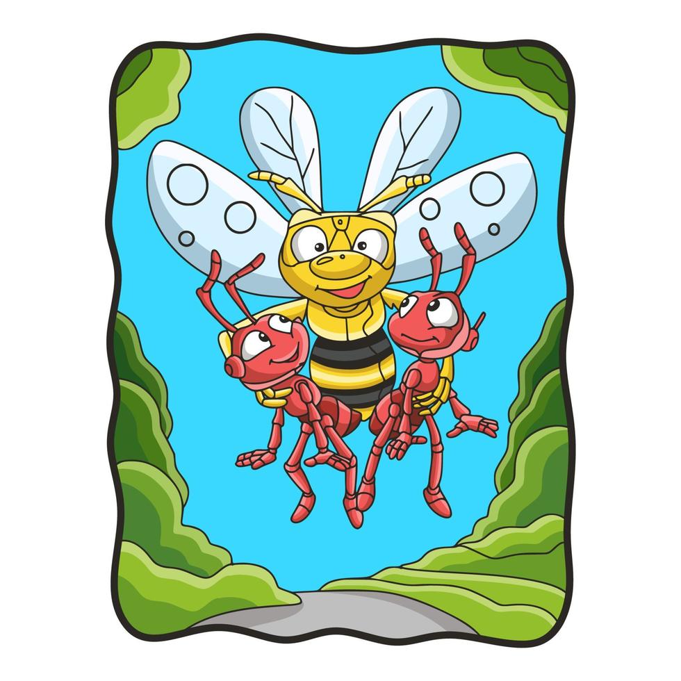 tecknad illustration flygande bin bär 2 myror vektor