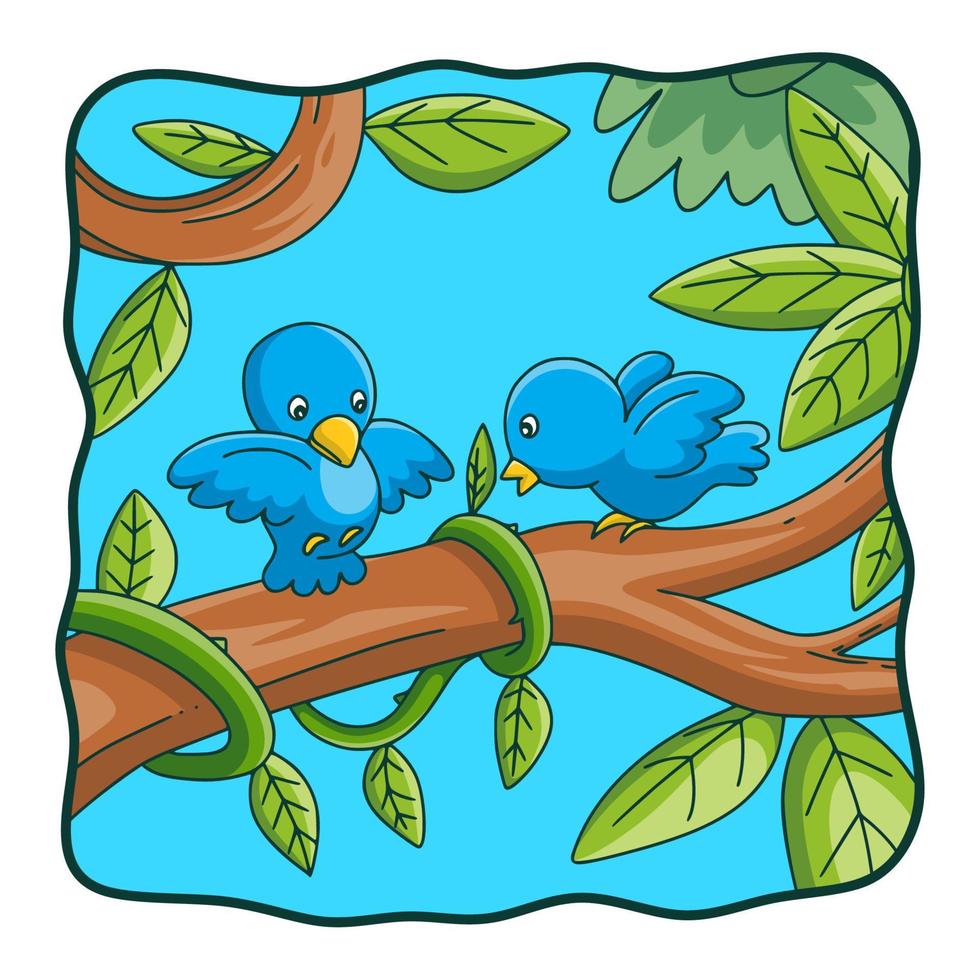 tecknad illustration två fåglar är på en trädstam vektor
