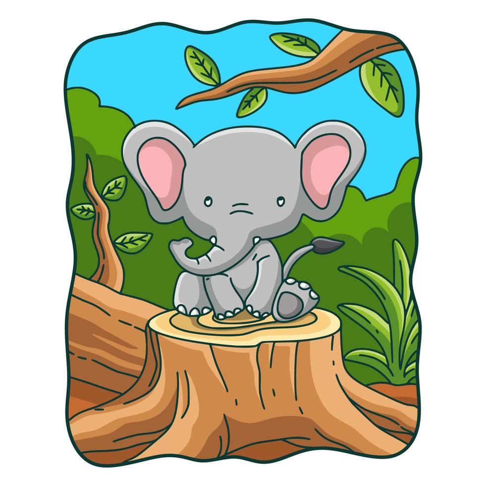 karikaturillustration elefant, der auf einem baum sitzt, der gefällt wurde vektor