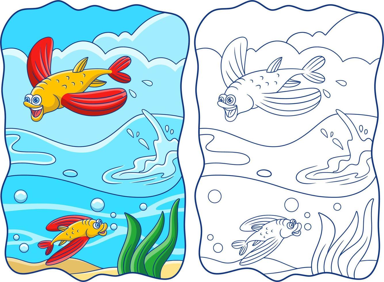 karikaturillustration zwei fische mit langen flossen, die im ozean schwimmen und springen, buch oder seite für kinder vektor