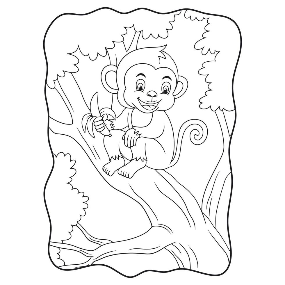 tecknad illustration apa äter banan på trädet bok eller sida för barn svart och vitt vektor