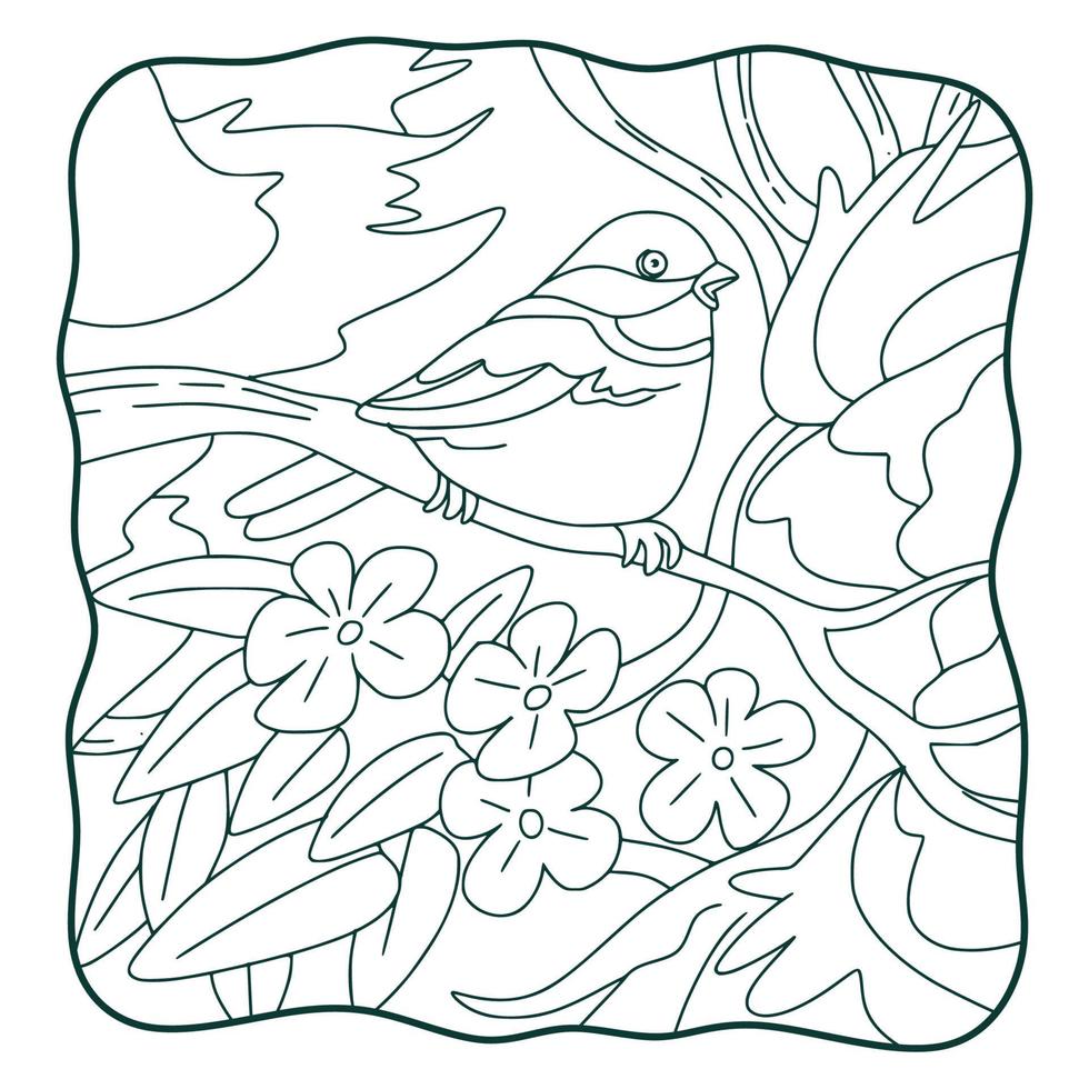 tecknad illustration fågel på trädet bok eller sida för barn svart och vitt vektor