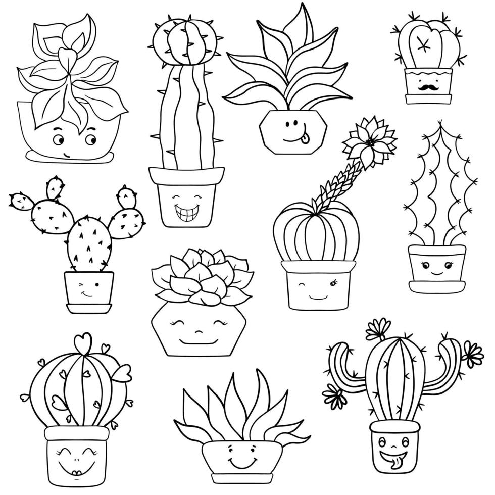 vektor uppsättning söta svarta och vita skiss växter isolerad på vit bakgrund. kaktus med roliga smileys. handritad bläck illustration, linjeteckning