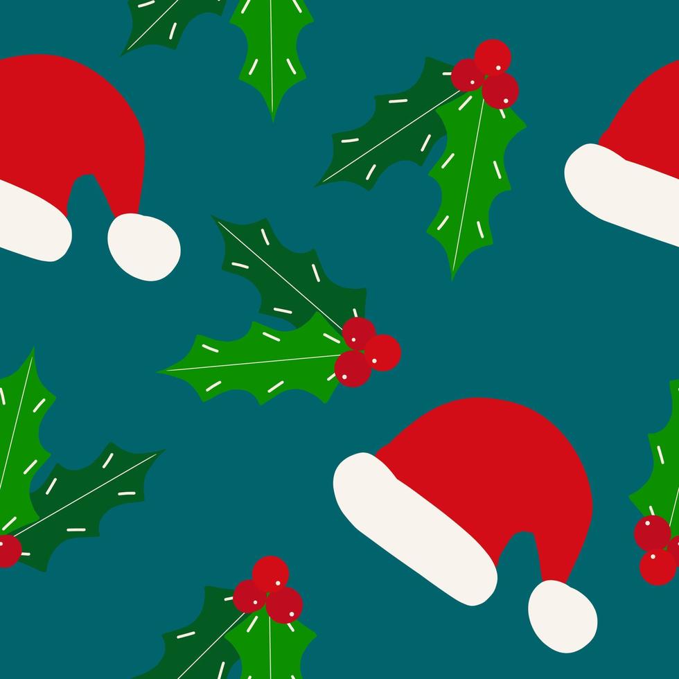 Holly och santa hatt jul sömlösa mönster handritad doodle. , minimalism. vinter- vektor