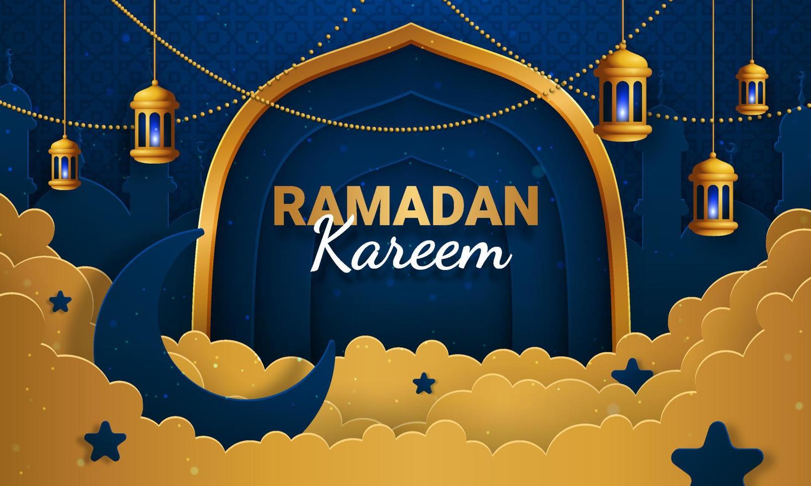 ramadan kareem papierschnittvektor. Banner oder Poster mit Laterne und Wolkenornament, geeignet zum Feiern von Ramadan-Ereignissen. vektor