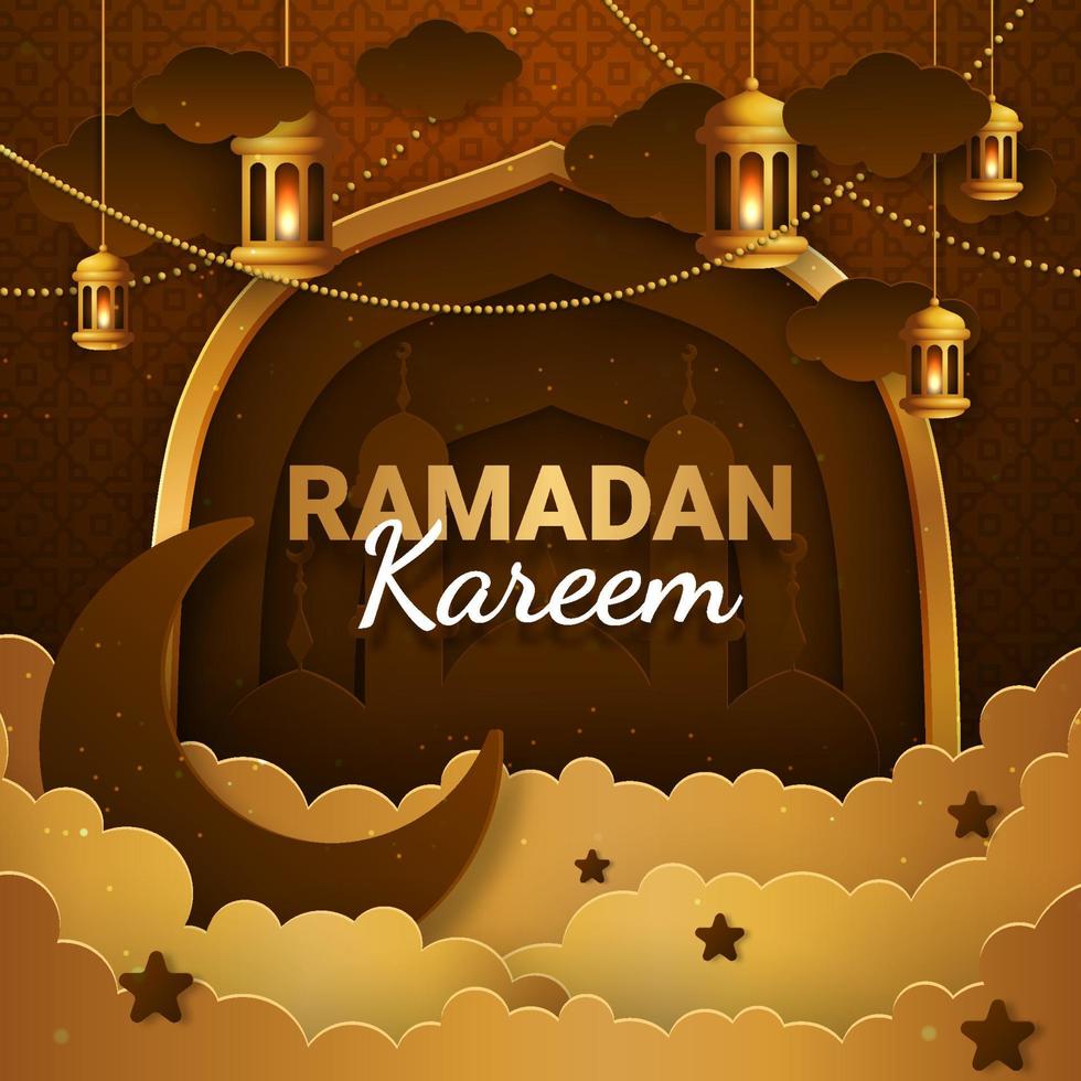 ramadan kareem pappersklipp vektor. banderoll eller affisch med lykta och molnprydnad, lämplig för att fira ramadanhändelser. vektor