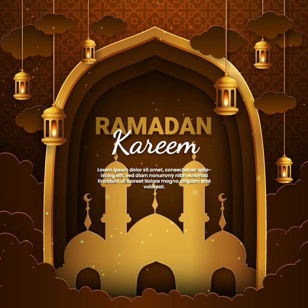 ramadan kareem papierschnittvektor. Banner oder Poster mit Laterne und Wolkenornament, geeignet zum Feiern von Ramadan-Ereignissen. vektor