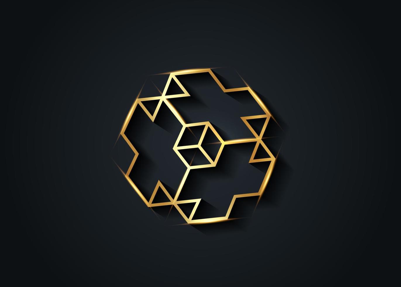 goldenes 3D-Necker-Würfelkreuz-Symbol. goldene luxus-isometrische würfel-logo-design-vorlage. wissenschaft, medizin oder technologisches symbol. Vektorgeschäft auf schwarzem Hintergrund isoliert vektor