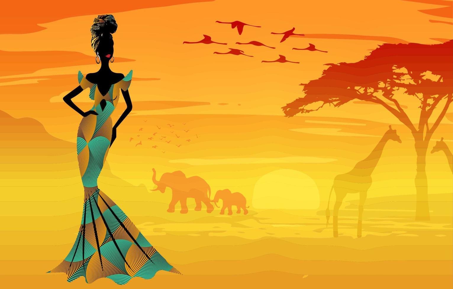 afrikansk kvinna bakgrund, solnedgång i Afrika med silhuetter av akaciaträd, giraff, elefant och flamingo. batik savann safari banner, afro kvinna i turban klädd i traditionell ankara klänning vektor
