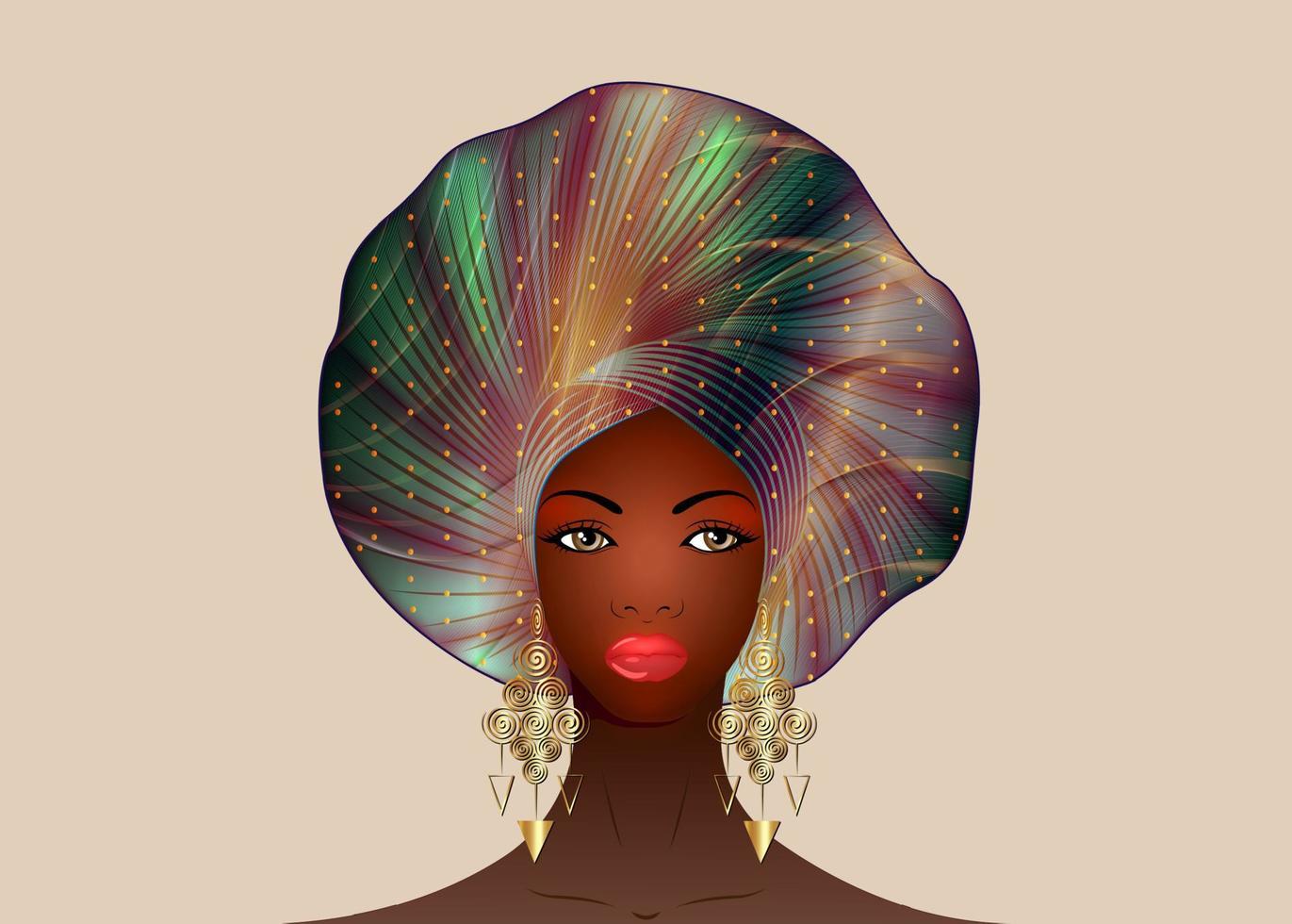 Afrikanisches Frauenporträt, nigerianische Kopfbedeckung, ethnischer Afro-Turban und goldene Ohrringe. schönheit schwarzes mädchen in yoruba hochzeitskleidung frisuren. Modemodellvektor isoliert auf beigem Hintergrund vektor