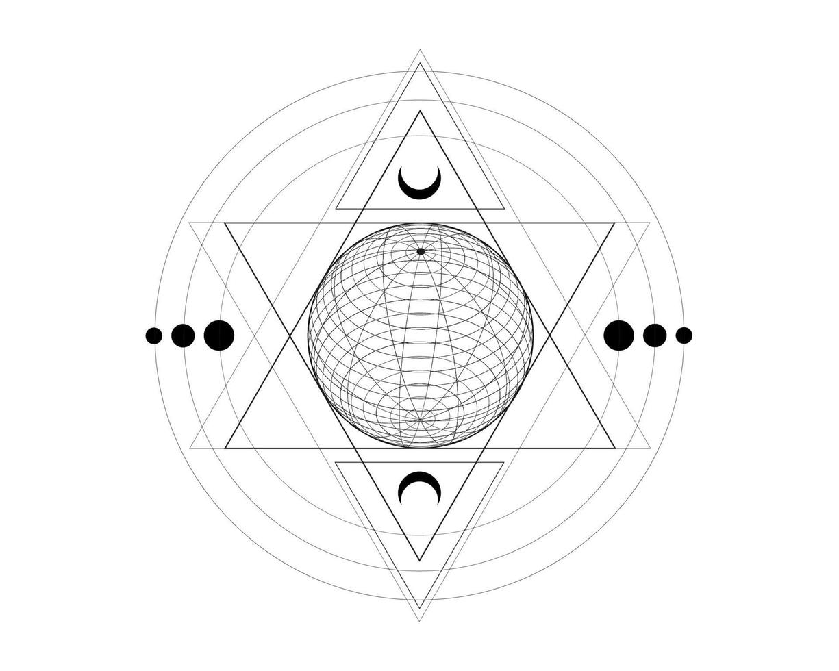 mystisches Symbol der heiligen Geometrie. alchemie magische drahtgitterkugel, okkultes, philosophisches zeichen. für musikalbumcover, poster, sakramentales design. Astrologie, Religionskonzept. Vektor isoliert auf weiß