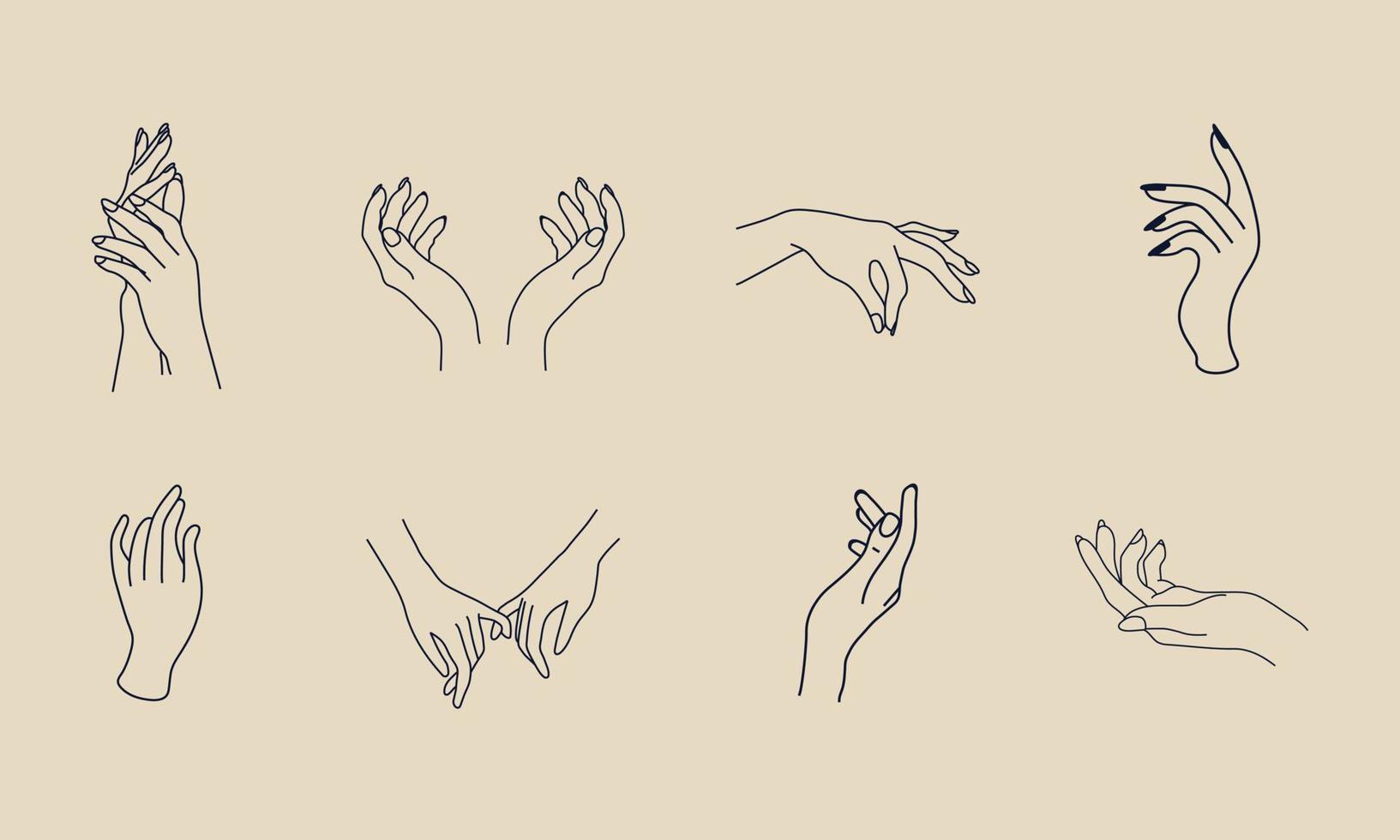 en uppsättning av kvinnliga handikonsamlingar i en minimal linjär stil. vektor logotyp designmallar med olika handgester, kristall. för kosmetika, skönhet, tatuering, spa, feminin, smyckesbutik