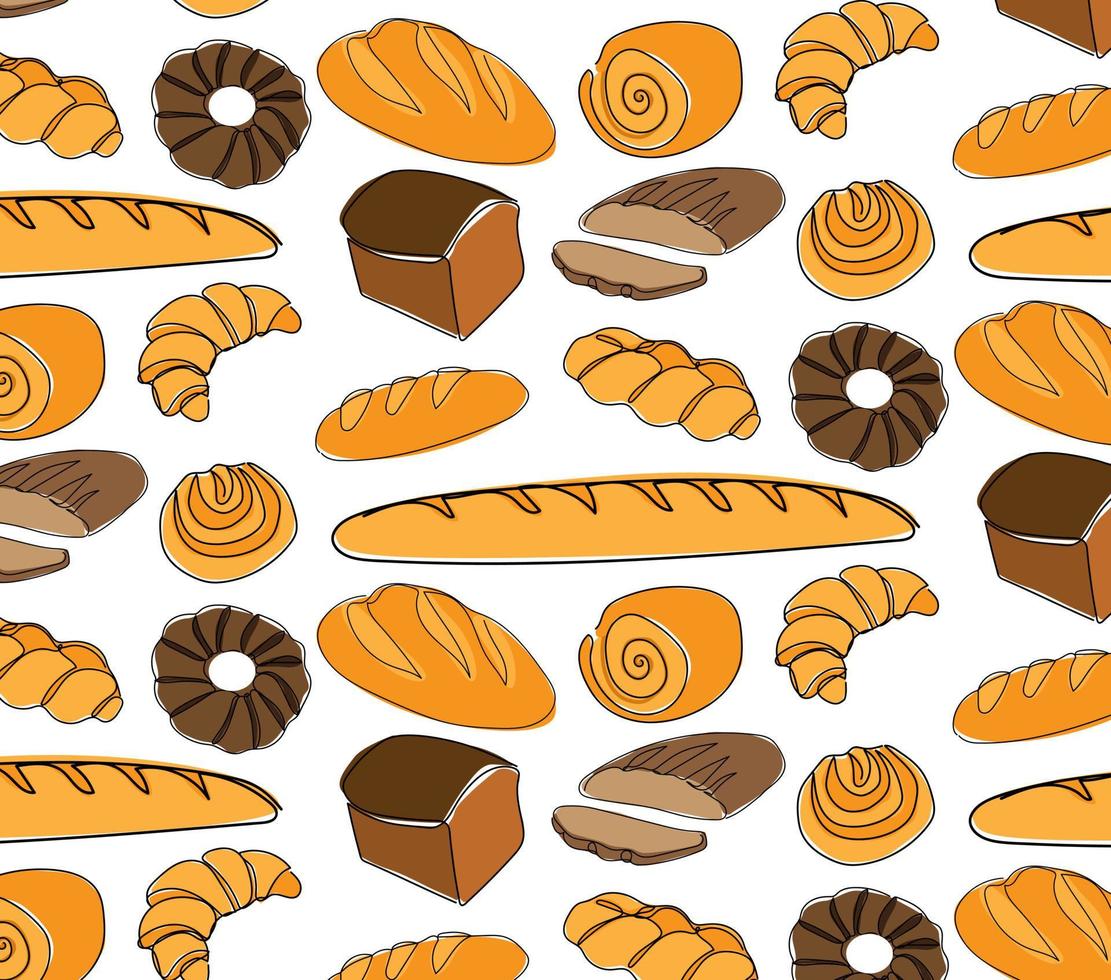 nahtloses Muster von handgezeichneten Backwaren, Brötchen, Gebäck, Croissants und Weizenkeimen. vektor