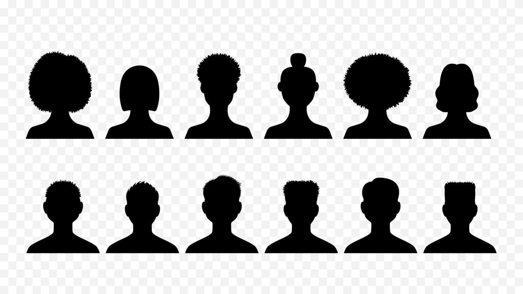 manliga och kvinnliga avatarer silhuetter isolerade uppsättning. svart skisserar unga människor med trendiga frisyrer från olika etniska grupper för användares sociala nätverk och webbvektorsajter vektor