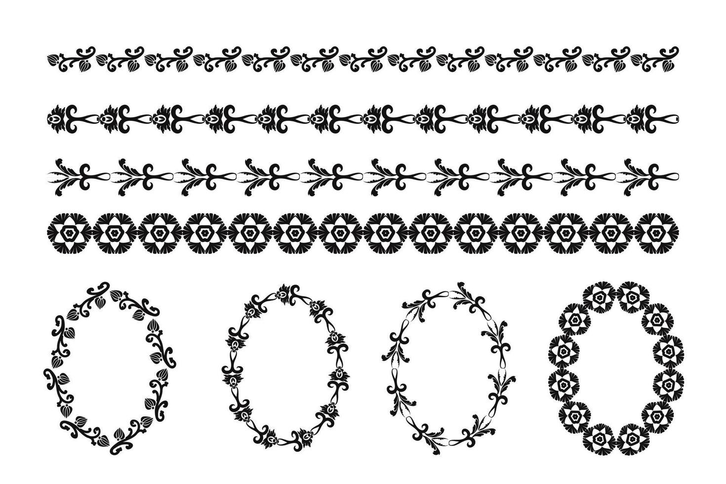 vintage set med dekorativa element för design av ramar, menyer, bröllopsinbjudningar eller etiketter, för laserskärning, skapa mönster i trä, intarsia. digital grafik. svartvitt. vektor