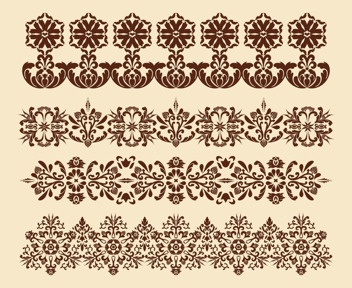 uppsättning av fyra kantdekorationer. mönstrade ramar damaskus i antik stil. vektor designelement. Datorgrafik.