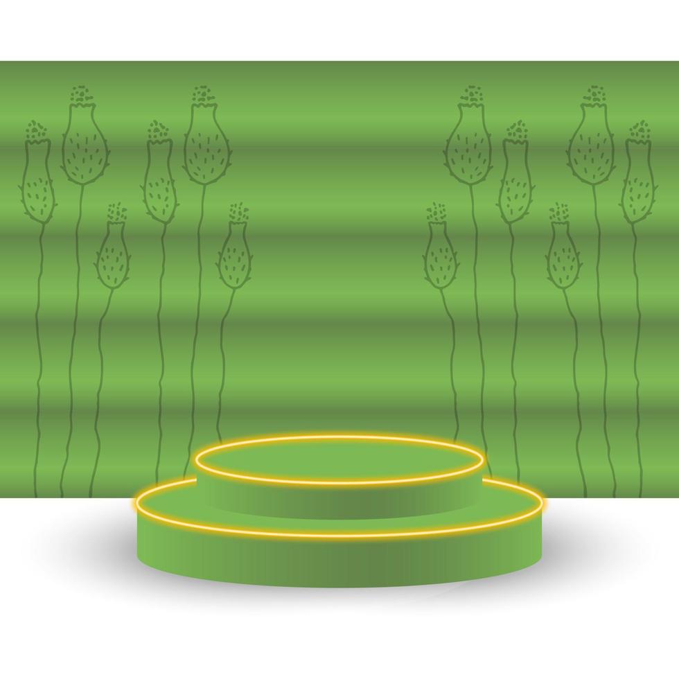 realistische grüne bühne mit gelben neon- und pflanzenelementen zur präsentation von werbeartikeln. grünes podium 3d. realistische vektorillustration. abstraktes raumkonzept. minimaler leerer studioraum. vektor