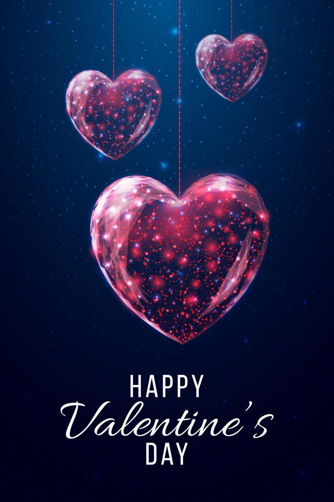 Wireframe-Herz im Low-Poly-Stil. Happy Valentinstag-Banner. abstrakte moderne 3D-Vektorillustration auf dunkelblauem Hintergrund. vektor