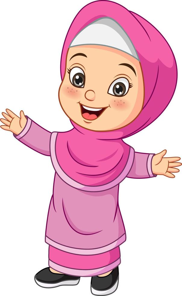 glückliche muslimische Mädchenkarikatur auf weißem Hintergrund vektor