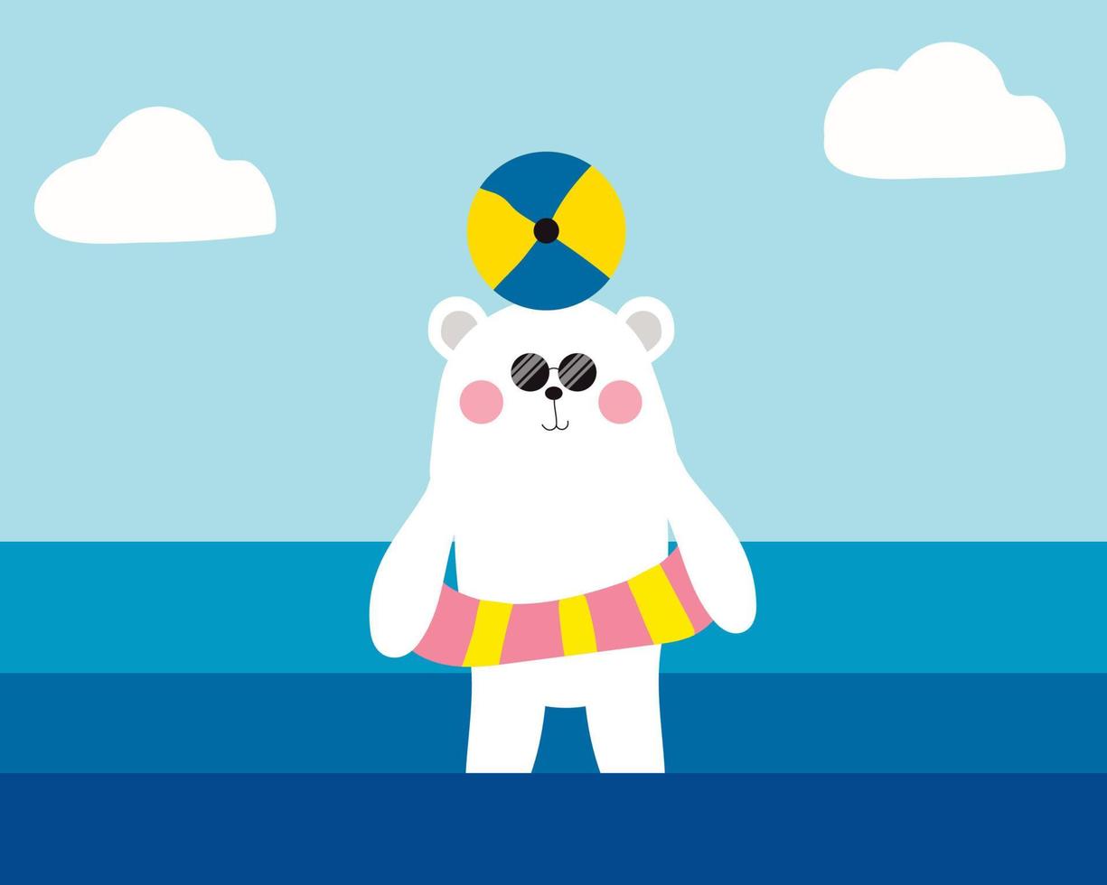 söt björn karaktär. sommarsäsong koncept, en vit björn simmar i havet med badboll. vektor