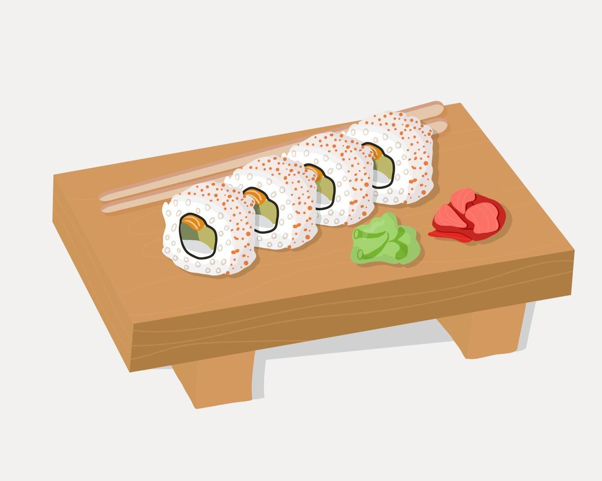 Reihe traditioneller japanischer Gerichte aus Brötchen und Sushi mit Meeresfrüchten. auf einem Holztablett vektor