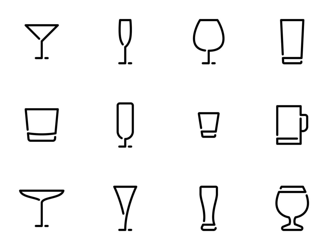 Reihe von schwarzen Vektorsymbolen, isoliert auf weißem Hintergrund, zum Thema Weinglas vektor