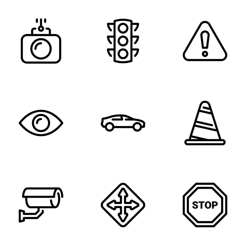 Reihe von schwarzen Vektorsymbolen, isoliert auf weißem Hintergrund, zum Thema Straßenverkehr vektor