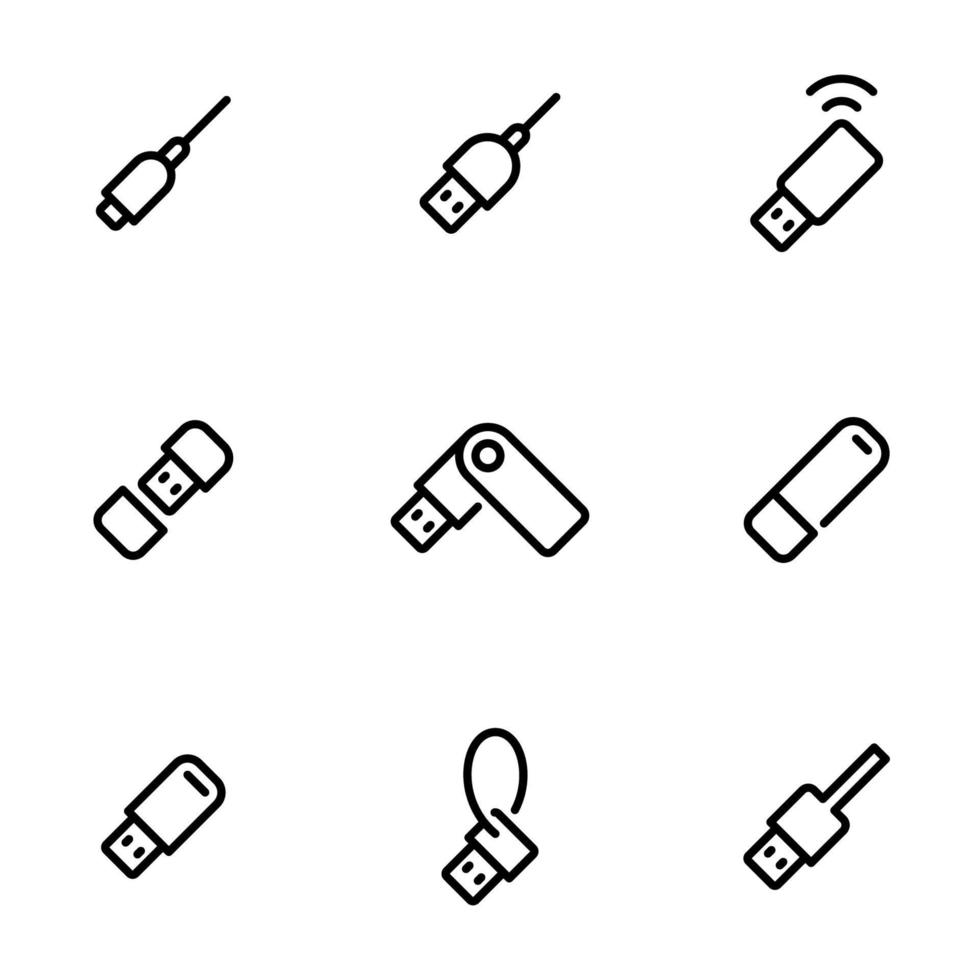 Reihe von schwarzen Vektorsymbolen, isoliert auf weißem Hintergrund, zum Thema USB vektor