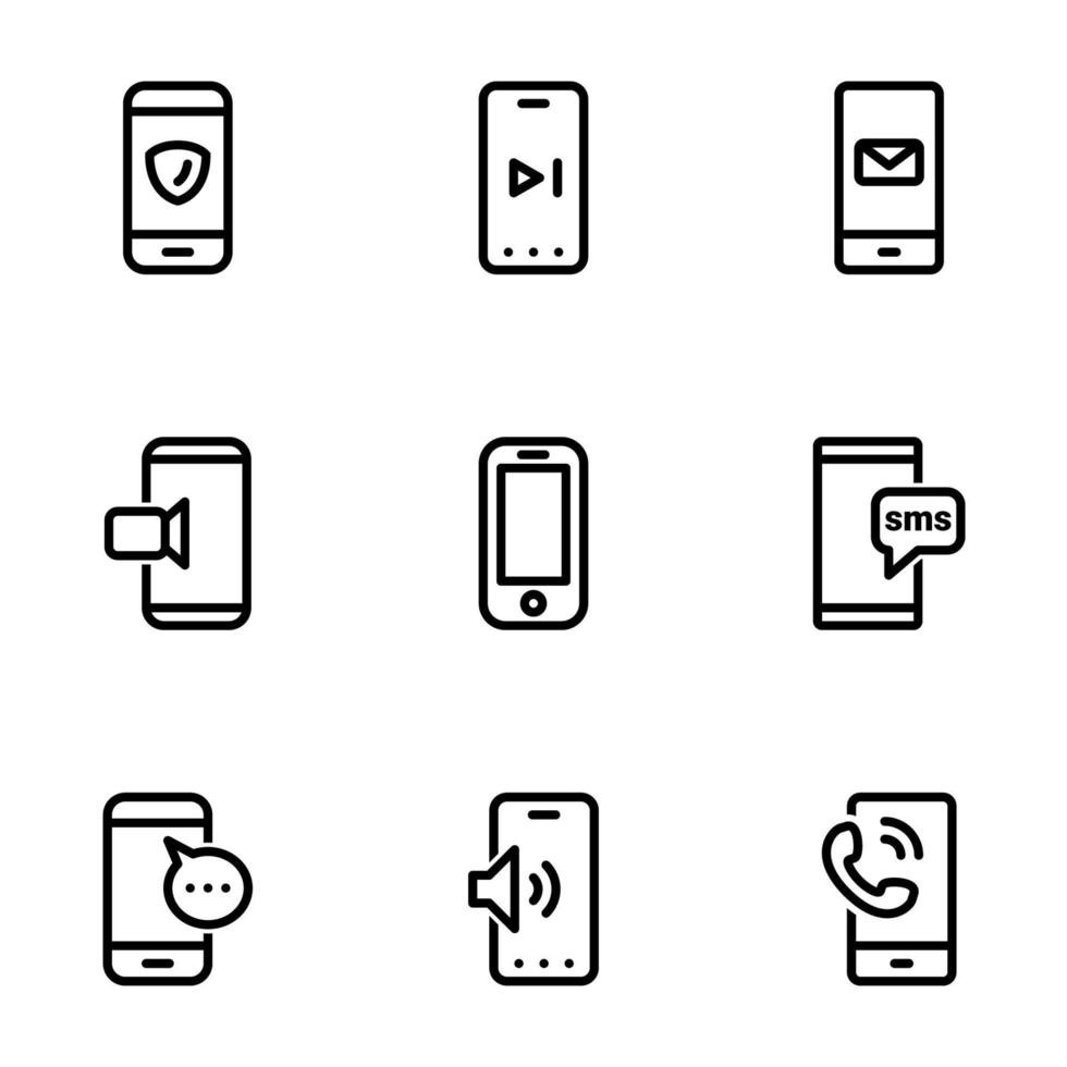 Reihe von schwarzen Symbolen isoliert auf weißem Hintergrund, zum Thema Smartphone vektor