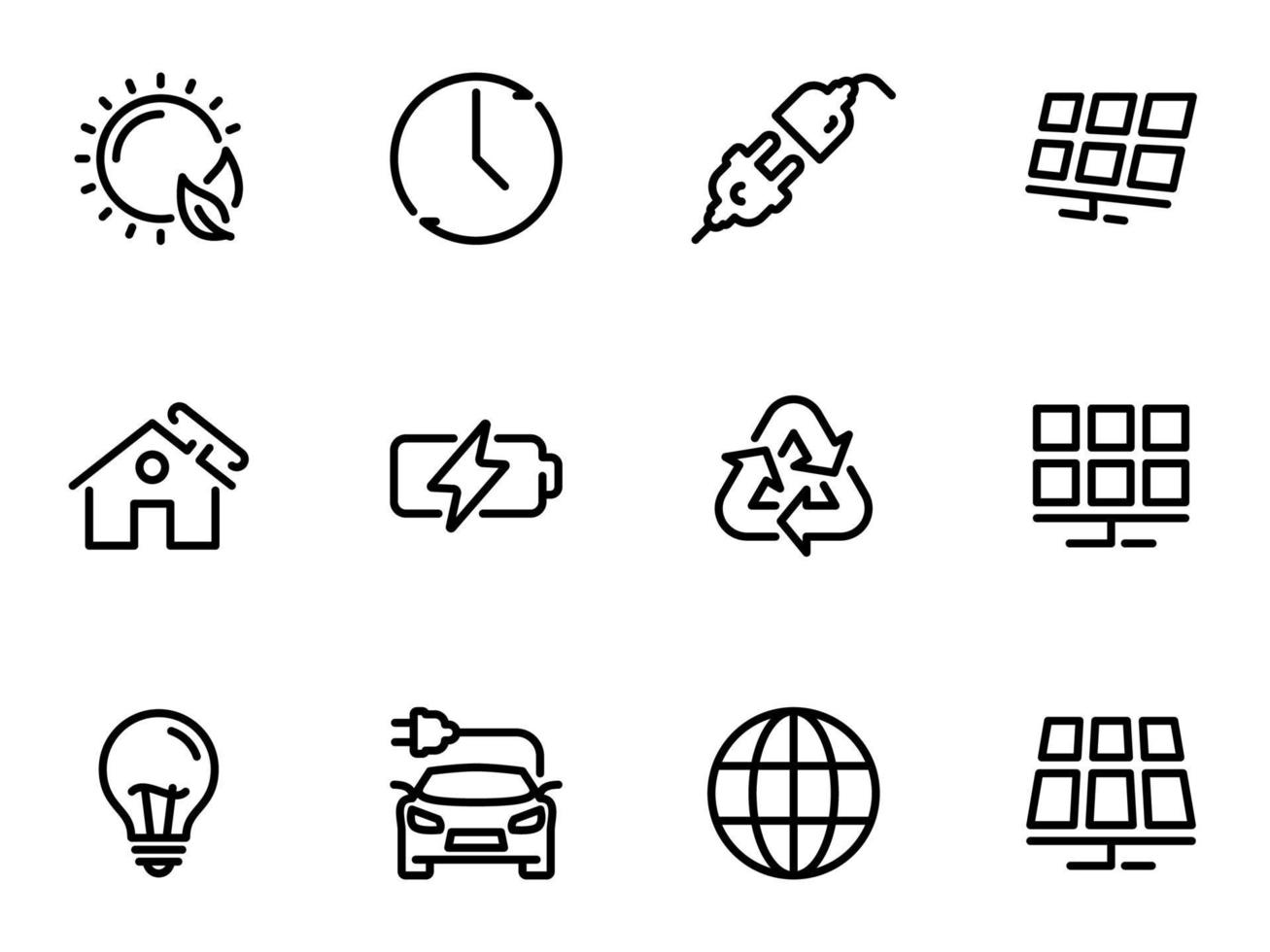 Reihe von schwarzen Vektorsymbolen, isoliert auf weißem Hintergrund, zum Thema Solarenergie vektor