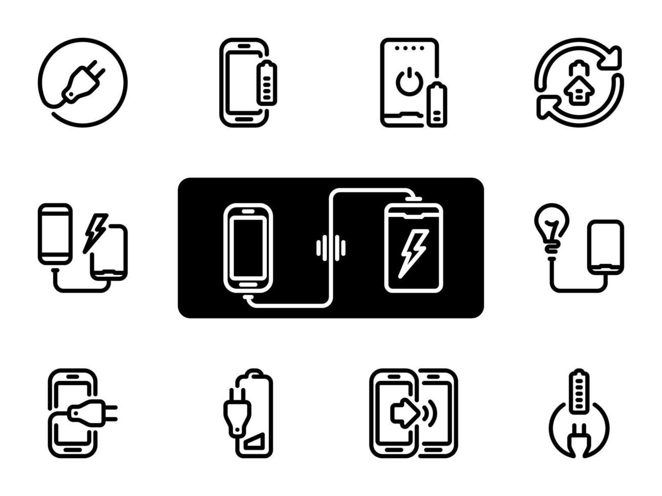 Satz schwarze Vektorikonen, lokalisiert gegen weißen Hintergrund. Illustration zu einem Thema Ladegeräte mit Power Bank vektor