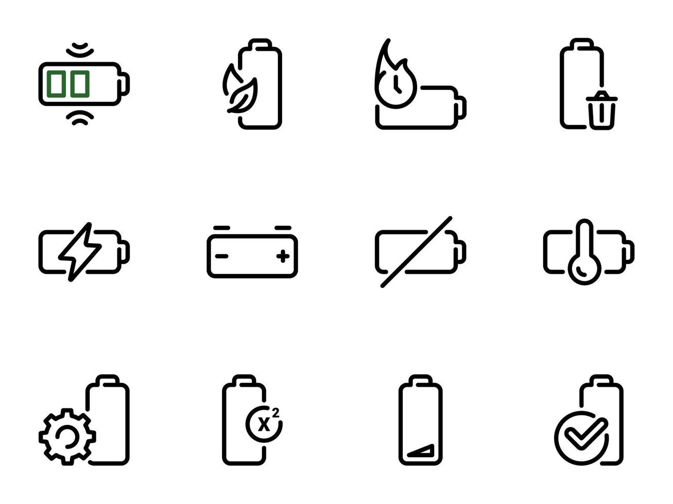uppsättning svarta vektorikoner, isolerade på vit bakgrund, på temaladdning och användning av batteriet vektor