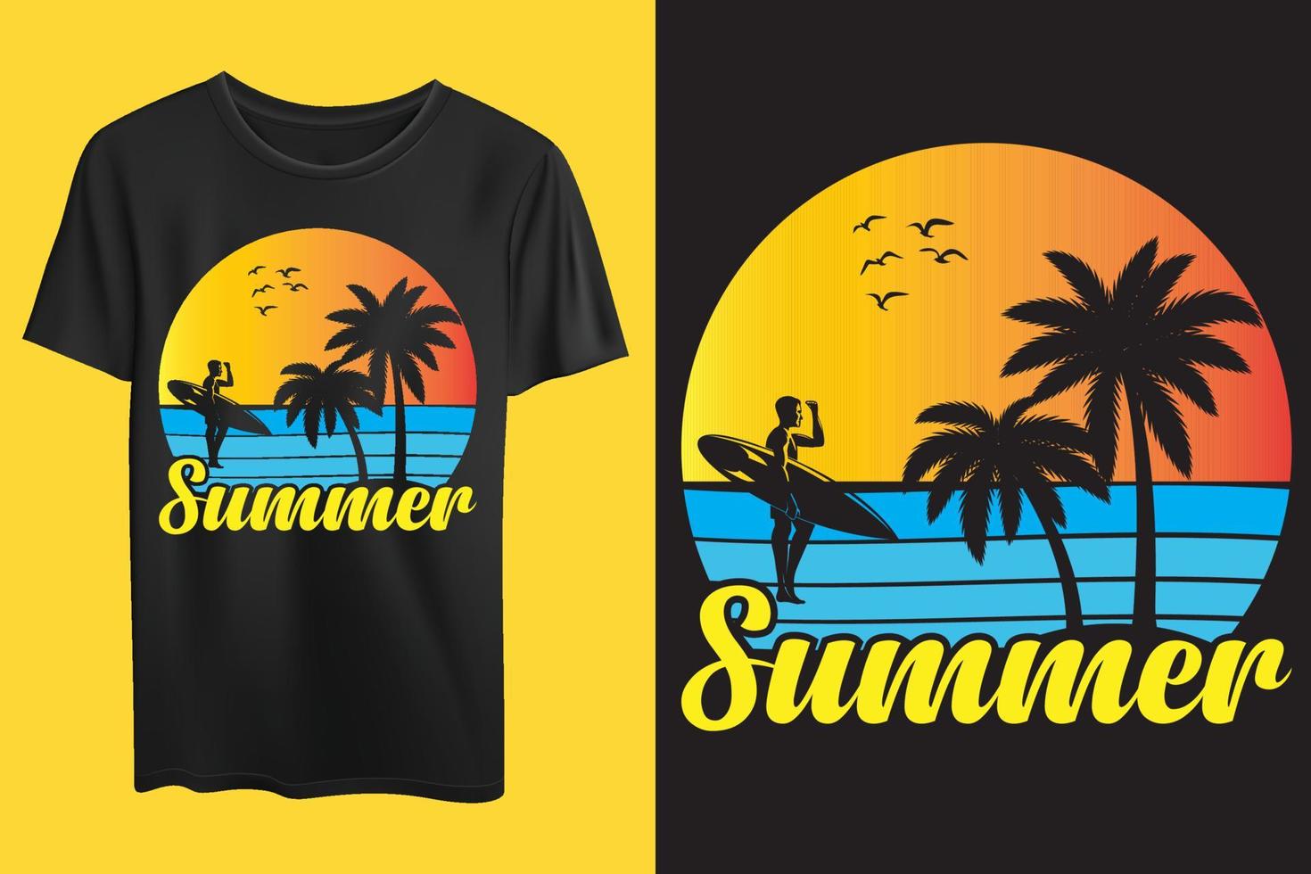 Sommerhintergrund, Sommerstimmungsplakat für T-Shirt-Druck. Palme und Sonnenuntergang. tropisches leben. Modeillustrationsdesign vektor