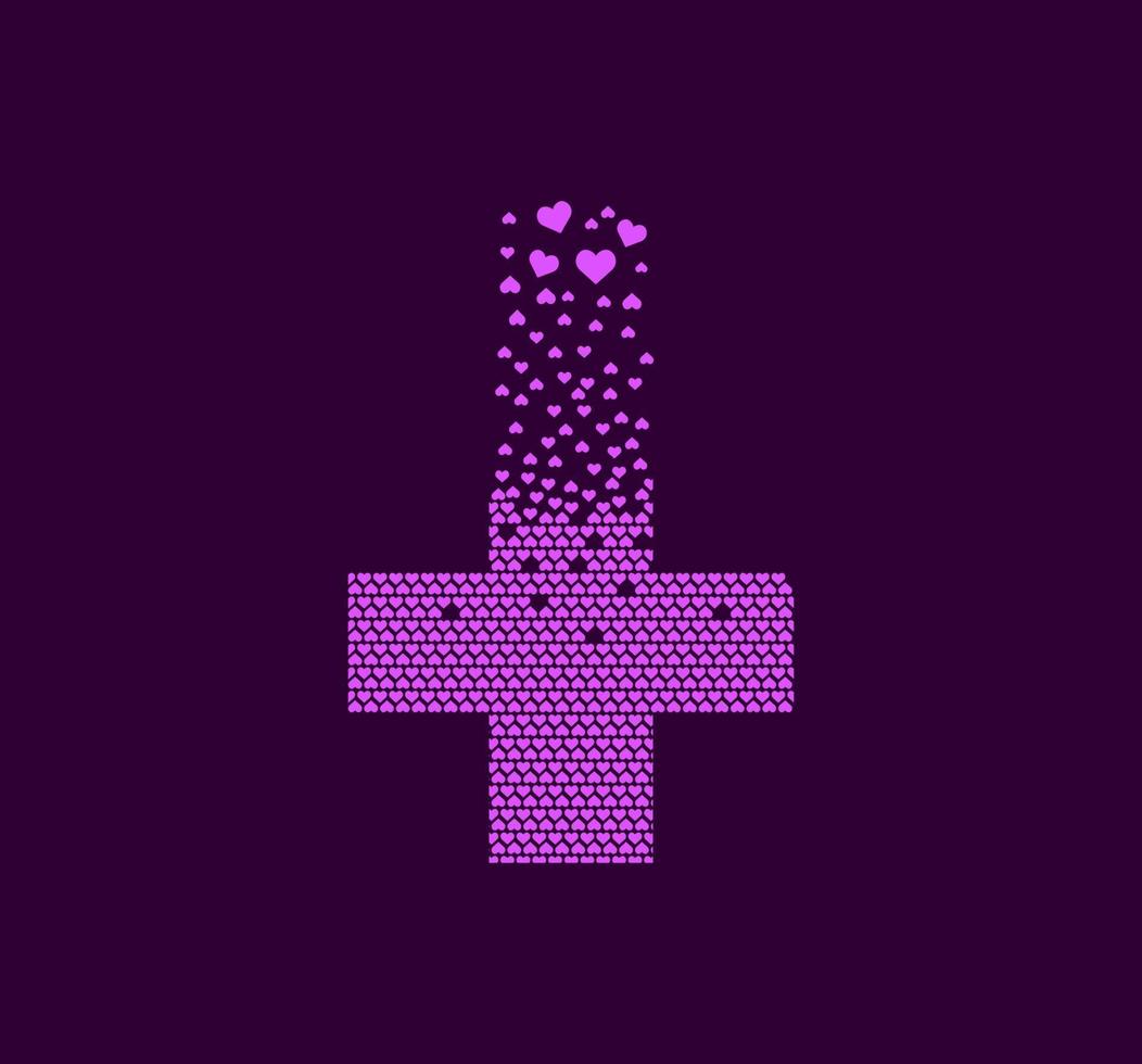 Herz mit Pluszeichen, Pixelpunkt-Logo. Erste-Hilfe-, Apotheken- und Gesundheitssymbole. Herzzeichen Pixel nach oben. Herzen sind mit einem Zeichen des Interesses gefüllt. komplementäre und integrative Pixelbewegung. vektor