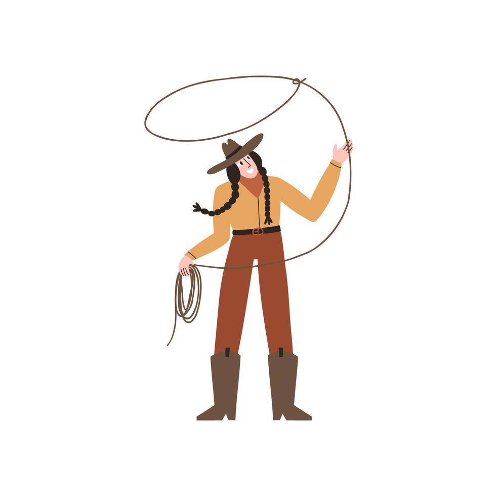 Ein Cowgirl hält ein Seil in der Hand. Cowboykleidung und -schuhe. wilder Westen. Vektor-Illustration isoliert auf weißem Hintergrund vektor