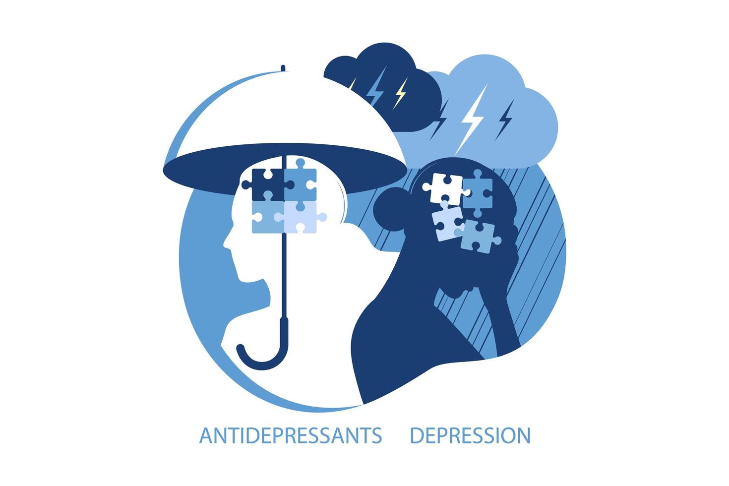 mental hälsa, antidepressiva och depressionspsykologiska koncept. två kvinnor olika tillstånd av medvetande sinne - depression och positiv mental hälsa humör. vektor illustration. platt