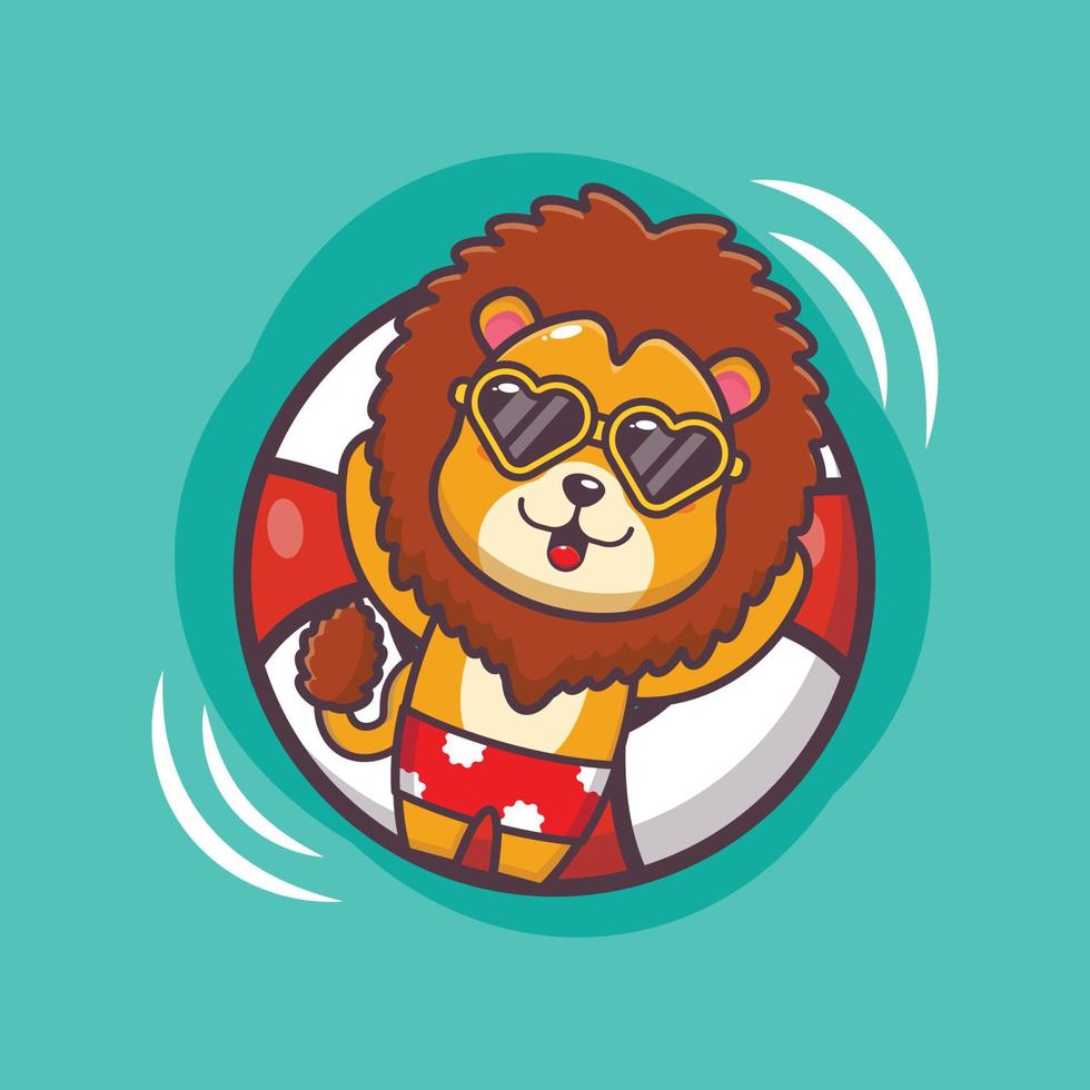 söt lejon tecknad maskot karaktär i solglasögon sova på flyta vektor