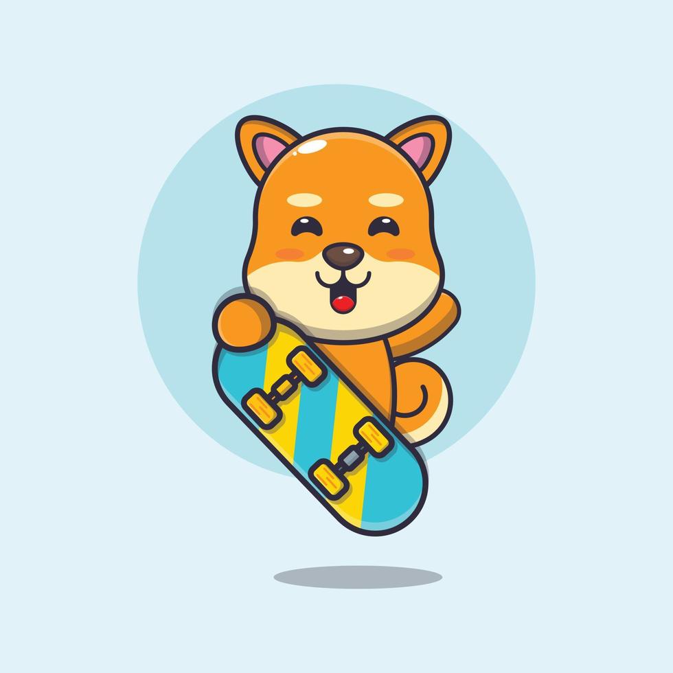 söt shiba inu hundmaskot seriefigur med skateboard vektor