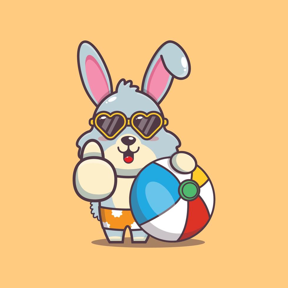 söt kanin tecknad maskot karaktär i solglasögon med badboll vektor