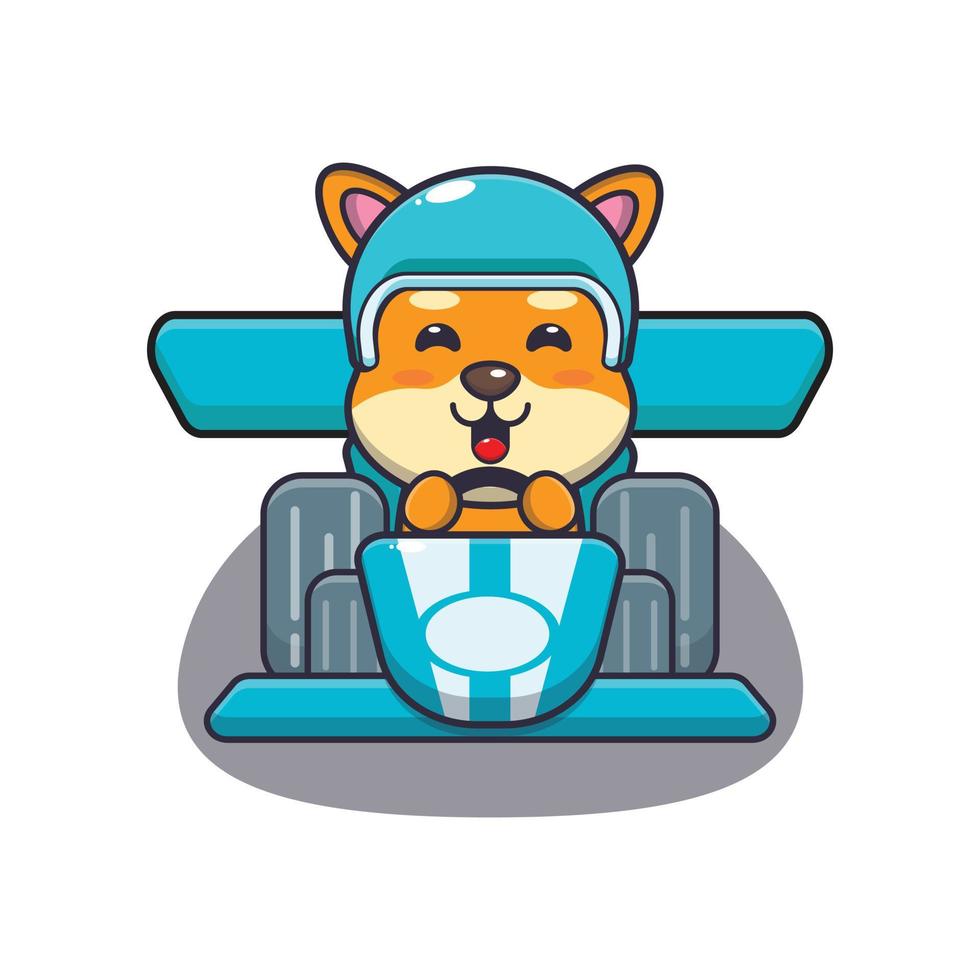 söt shiba inu hundmaskot seriefigur som åker racerbil vektor