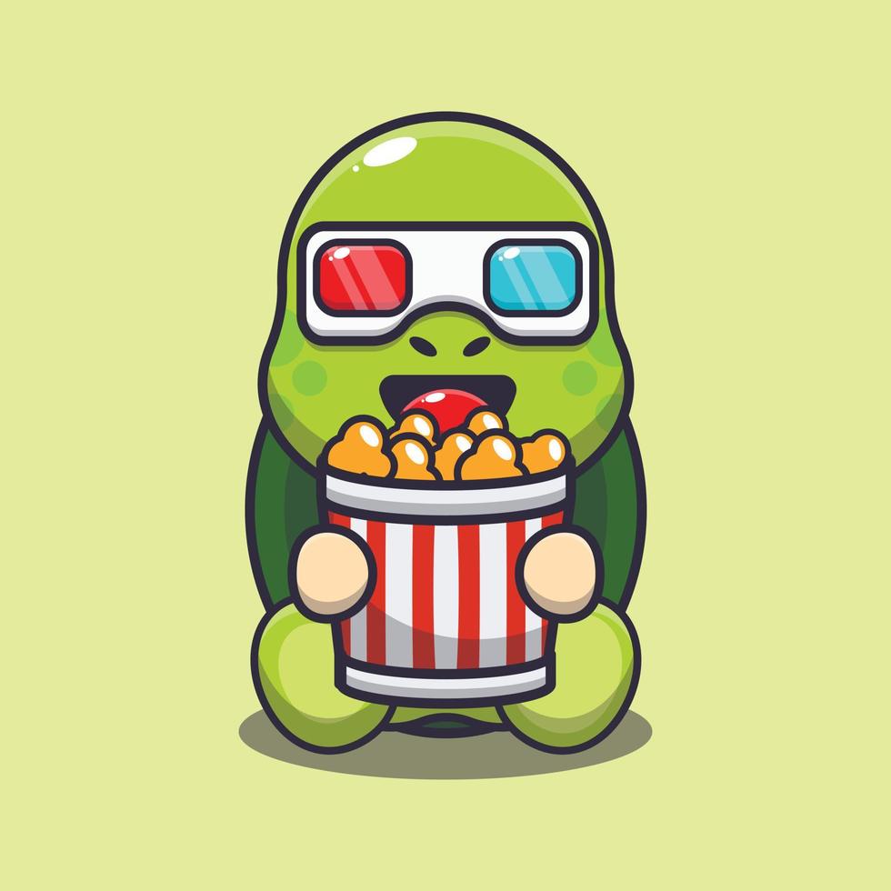 söt sköldpadda som äter popcorn och tittar på 3d-film vektor