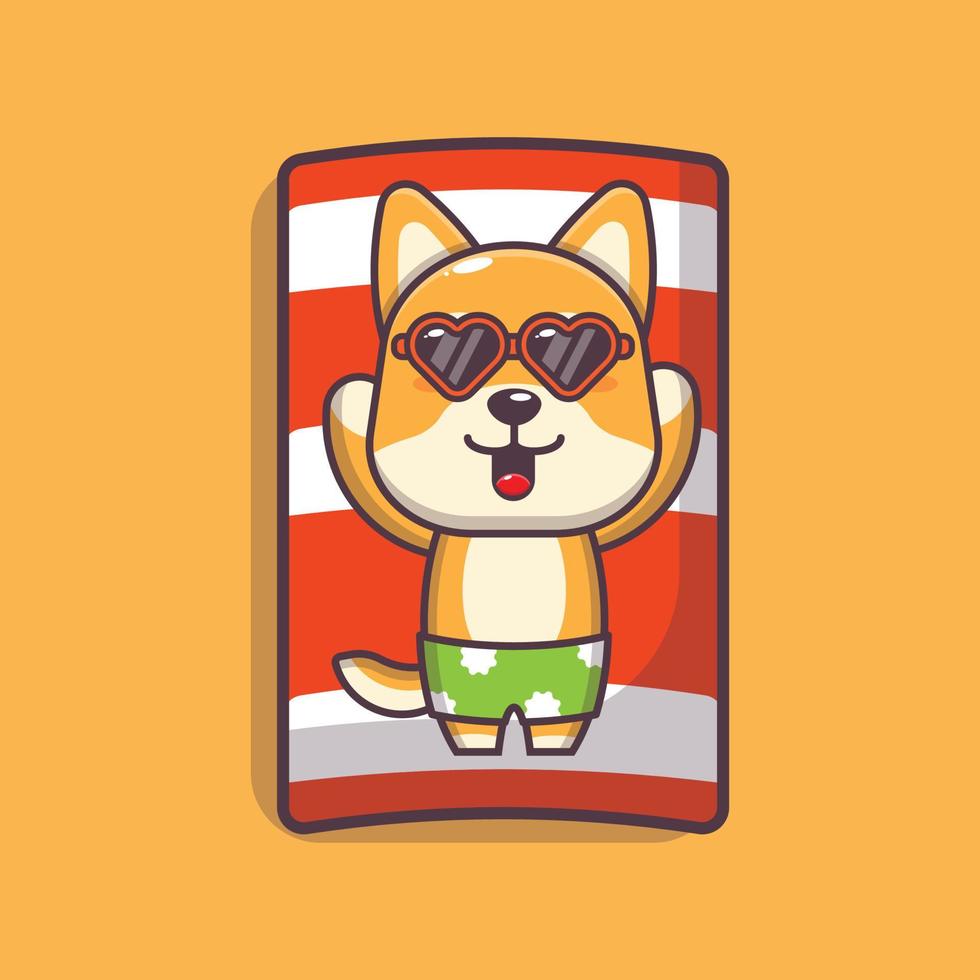 niedliche shiba inu hundekarikatur-maskottchenfigur in der sonnenbrille schlafen am strand vektor