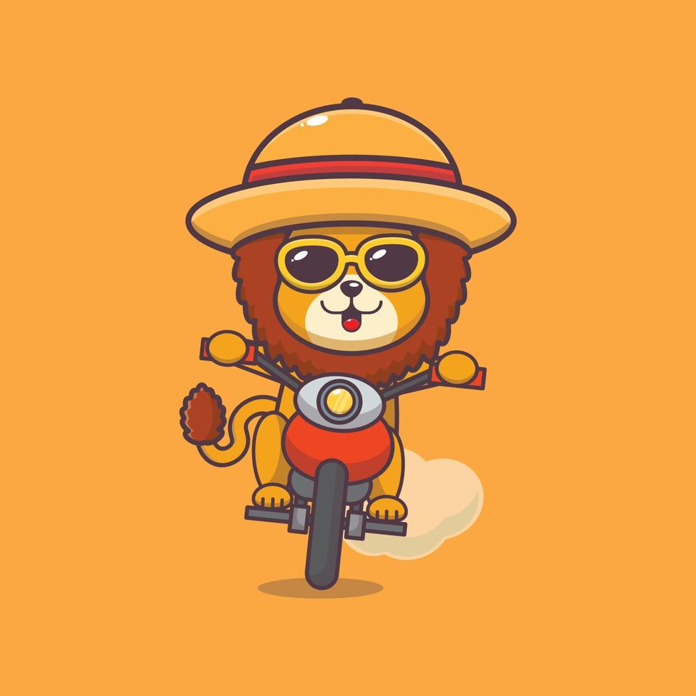 coole löwe-karikatur-maskottchen-figur in sonnenbrillen fahren motorrad im sommertag vektor