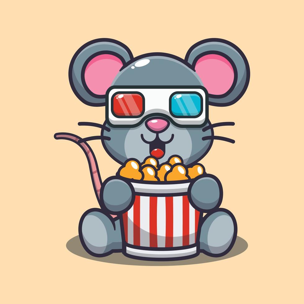 söt mus som äter popcorn och tittar på 3d-film vektor