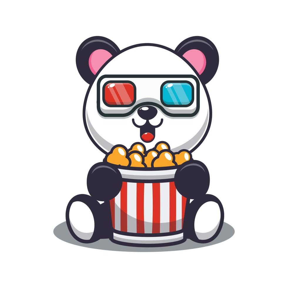 söt panda äter popcorn och tittar på 3d-film vektor