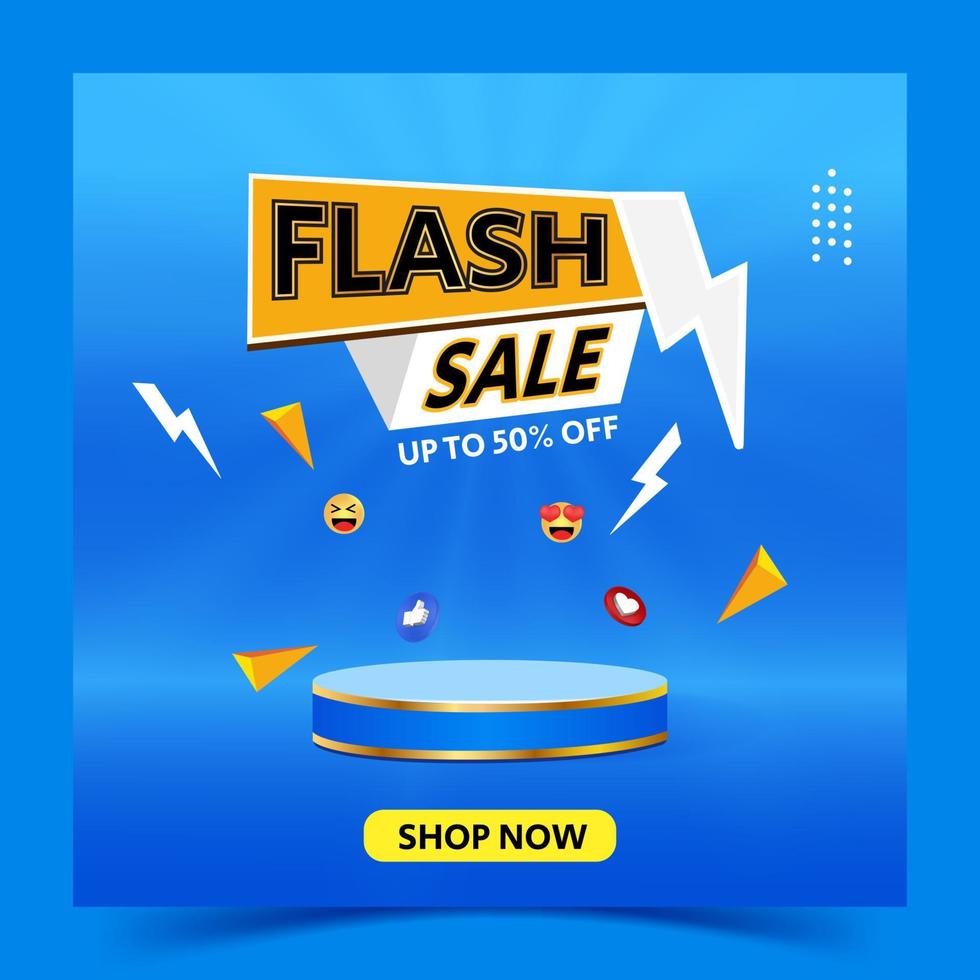 Flash-Sale-Rabatt-Banner mit leerem Podium-Emoji-Symbol, das Social-Media-Post-Vorlage auf gelbem Hintergrund zeigt vektor