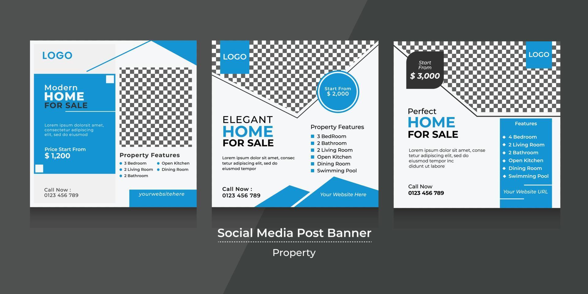 vektorgrafik av sociala medier banner design med blått, svart och vitt färgschema. perfekt för fastighetsförmedling eller husförsäljningskampanj vektor